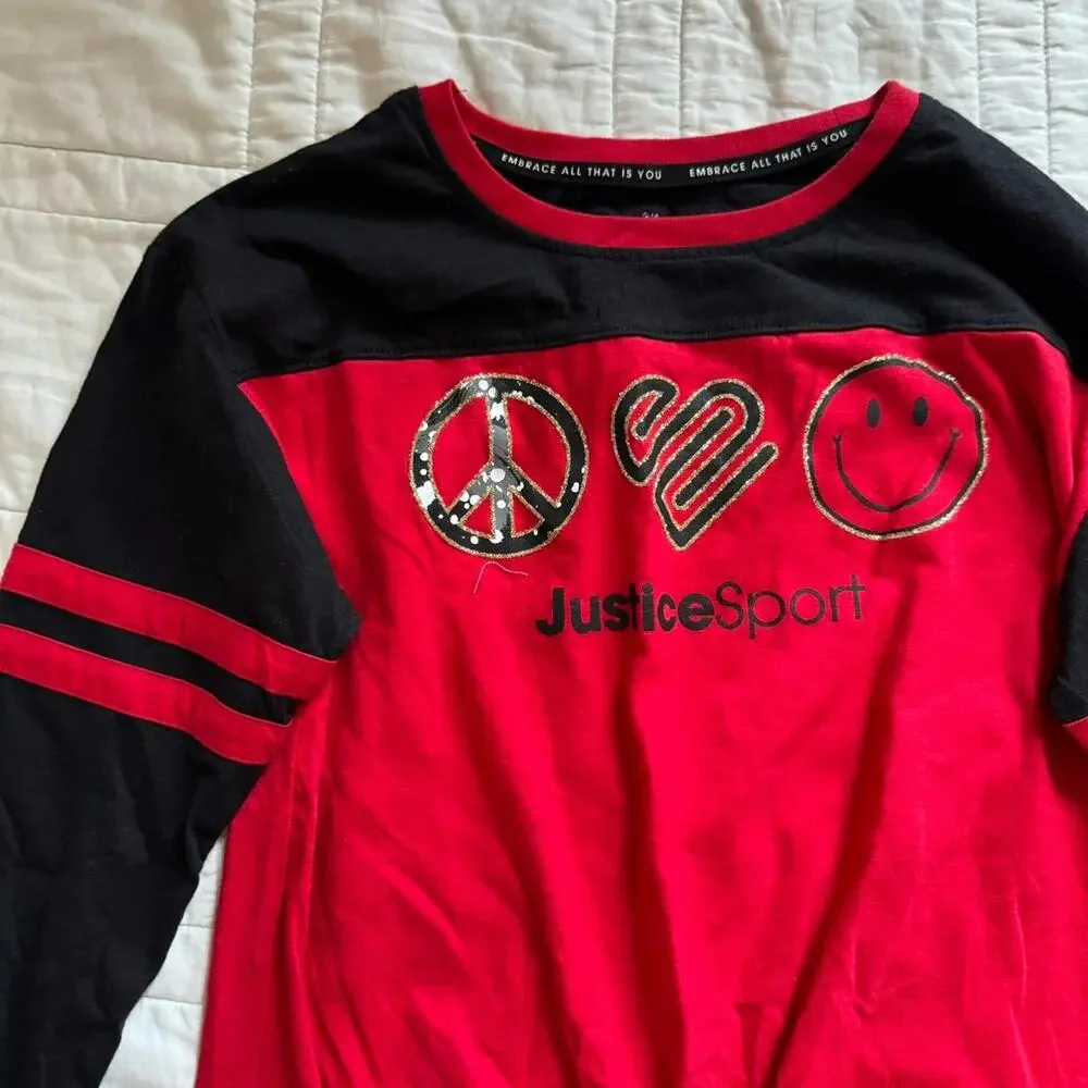 Justice graphic long sleeve t‎ shirt sz large black red sporty glitter casual